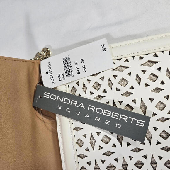 Sondra Roberts Squared Handbag Diagonal Open Cut White on Beige Chain and Snap - Picture 5 of 12